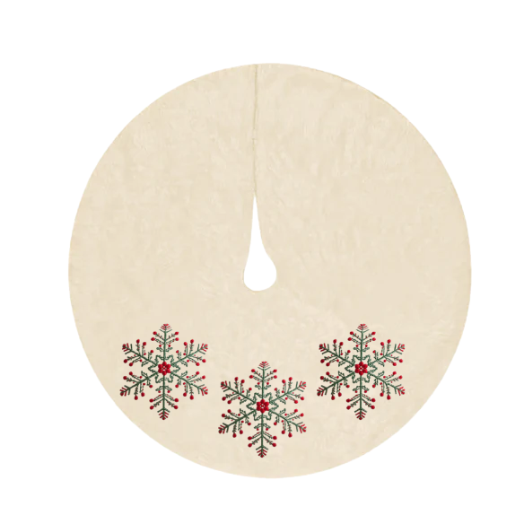 Embroidered Snowflake Christmas Tree Skirt – Cream with Green & Red Details