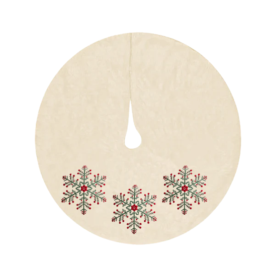 Embroidered Snowflake Christmas Tree Skirt – Cream with Green & Red Details