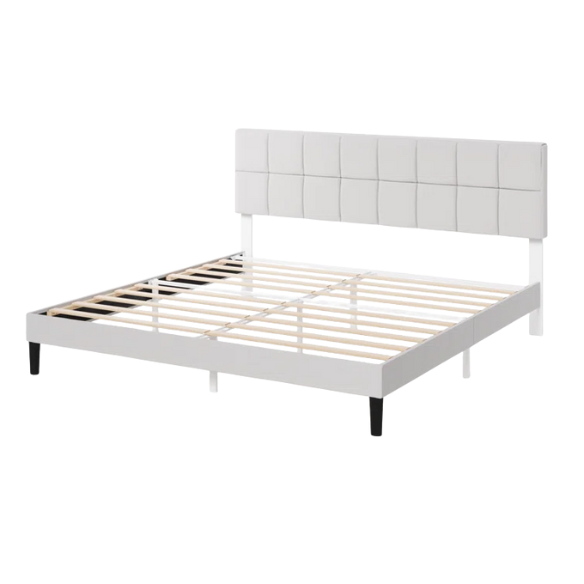 Modern King Size Upholstered Low Profile Platform Bed – Square-Tufted Headboard, Durable Steel Frame