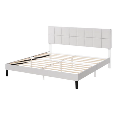 Modern King Size Upholstered Low Profile Platform Bed – Square-Tufted Headboard, Durable Steel Frame