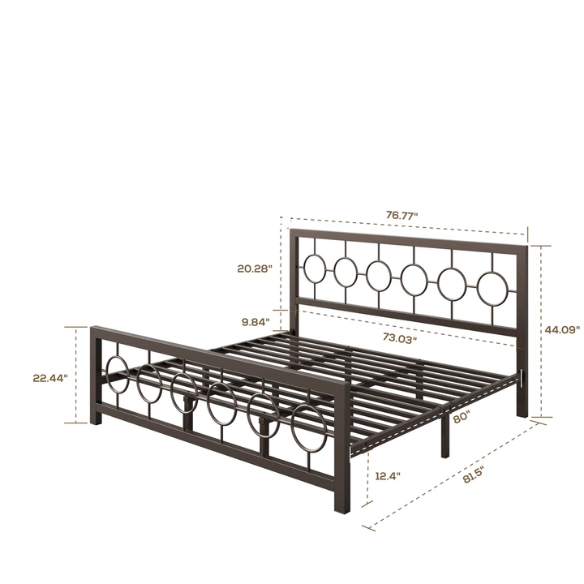 Modern King Size Metal Open-Frame Platform Bed with Art Deco-Inspired Circle Medallion Details – Sleek, Clean-Lined Design with Sturdy Metal Frame and Minimalist Aesthetic