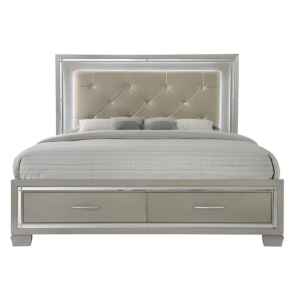 Elegant Glamour: 5-Piece Bedroom Set with Lustrous Platinum Dresser, Crystal and Chrome Handles – A Stunning, Star-Quality Collection to Elevate Your Bedroom Décor