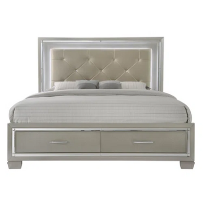 Elegant Glamour: 5-Piece Bedroom Set with Lustrous Platinum Dresser, Crystal and Chrome Handles – A Stunning, Star-Quality Collection to Elevate Your Bedroom Décor