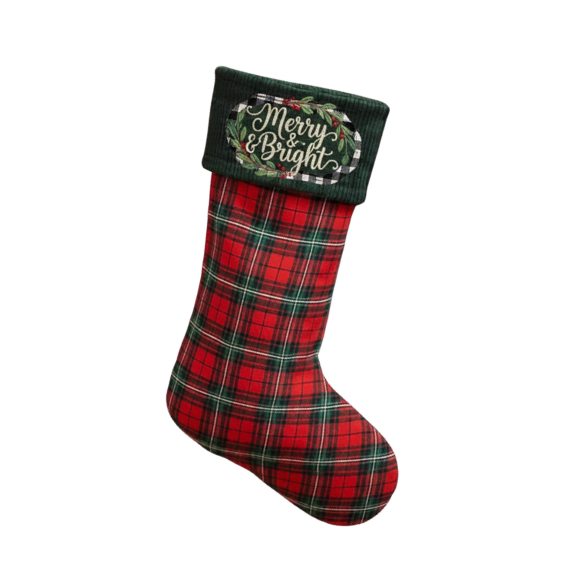 Rustic Farmhouse Embroidered Plaid Christmas Stocking