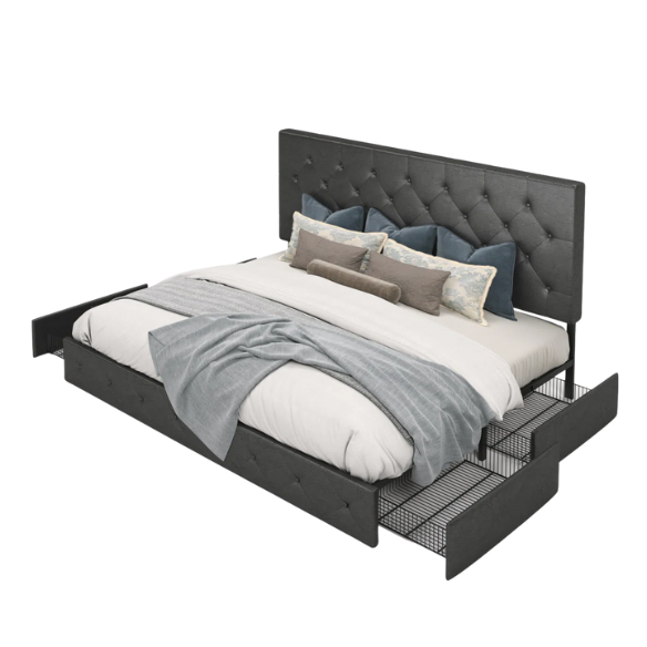 Queen Size Upholstered Platform Storage Bed with Tufted Button Accent Design