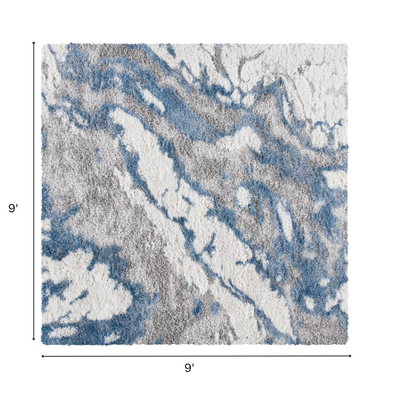 Plush Abstract Blue, Grey, and White Pattern Shag Rug