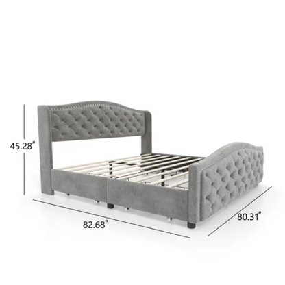 Luxurious King Size Velvet Upholstered Platform Bed with Tufted Camelback Headboard, Nailhead Trim, and 4 Built-In Storage Drawers – Stylish and Functional Bedroom Upgrade