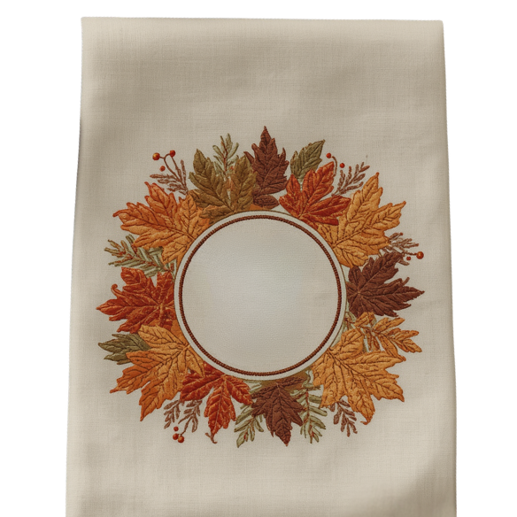 Embroidered Autumn Leaf Wreath Linen Tea Towel Set