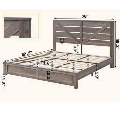 Farmhouse Classic Bed Frame with 49.2" Barn Door-Inspired Headboard, Ample Under-Bed Storage, Sturdy Metal Frame, and Silent Cotton Padding for Peaceful Sleep
