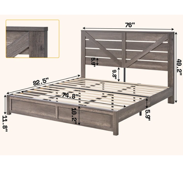Farmhouse Classic Bed Frame with 49.2" Barn Door-Inspired Headboard, Ample Under-Bed Storage, Sturdy Metal Frame, and Silent Cotton Padding for Peaceful Sleep