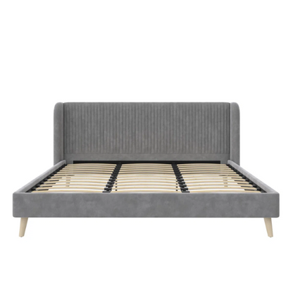 King Size Upholstered Wingback Platform Bed – Luxe Velvet Headboard with Vertical Tufting, Mid-Century Modern Design, and Space-Saving Wooden Frame