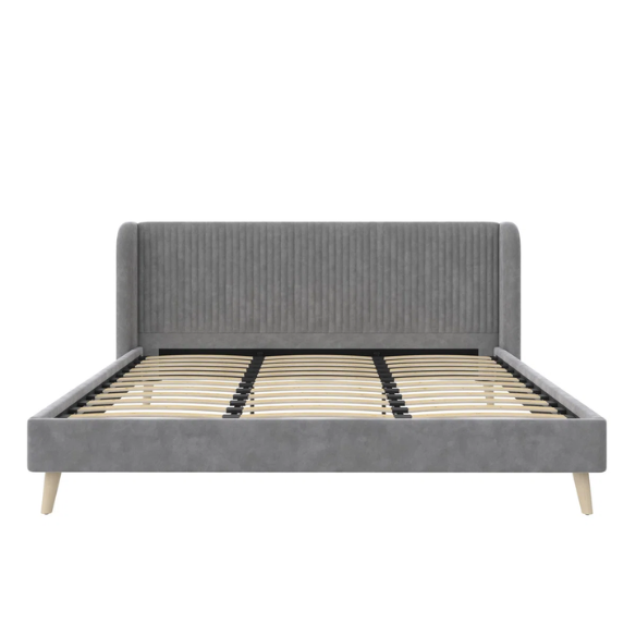 King Size Upholstered Wingback Platform Bed – Luxe Velvet Headboard with Vertical Tufting, Mid-Century Modern Design, and Space-Saving Wooden Frame