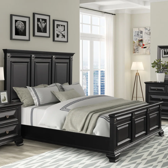 Timeless Vintage Black Wood 6-Piece Traditional Bedroom Set with Double-Panel Bed, Silvertone Accents, and Fluted Pilasters