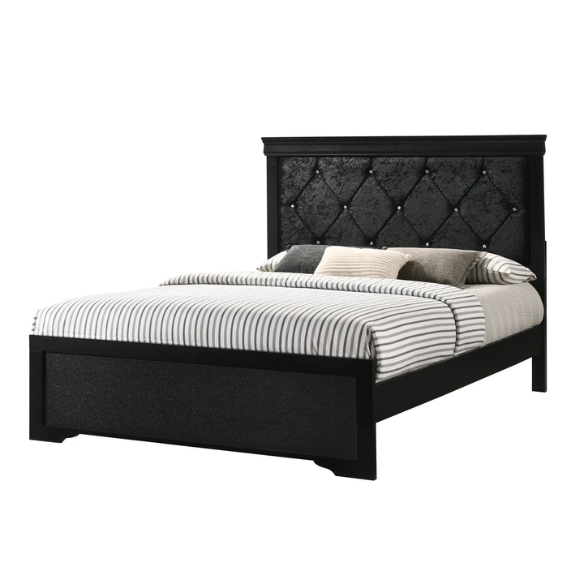 Luxurious 5-Piece Full Double Size Bedroom Set – Diamond Tufted Velvet Headboard with Wooden Trim and Elegant Button Detailing