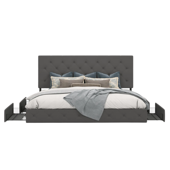 King Size Upholstered Platform Bed with Storage Drawers, Padded Headboard, and Sophisticated Button Tufting