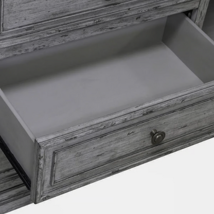 4-Piece Panel Bed, Dresser, Mirror & Nightstand Set with Antique Pewter Accents and Charging Station – Distressed Whitestone Finish, Rubberwood Solids, and Architectural Det