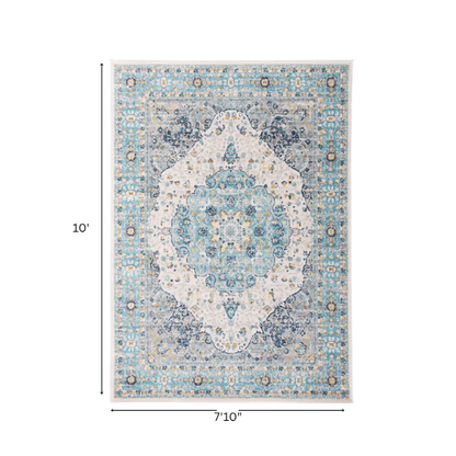 Distressed Oriental-Inspired Indoor Rug – Blue, Yellow & Cream Medallion Pattern, Stain-Resistant, Fade-Resistant, Perfect for Traditional & French Country Décor