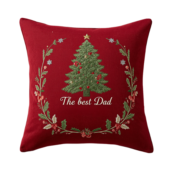 Best Dad Red Throw Pillow with Embroidered Christmas Tree and Wreath
