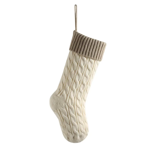 Taupe Top with White Knitted Christmas Stocking – Cable Knit Holiday Gift Bag with Soft Lining