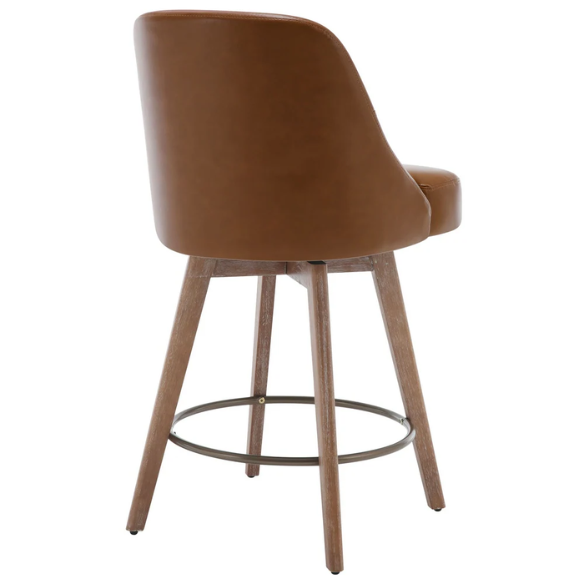 Modern Counter Height Swivel Bar Stool – Upholstered Faux Leather/Polyester Blend Seat, Solid Beech Wood Frame, Ergonomic High Back, Bronze Metal Footrest, 300lb Capacity for Kitchen, Bar, or Pub