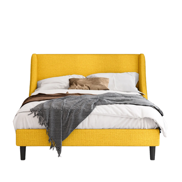 Modern Queen Size Upholstered Platform Bed with Deluxe Wingback and Linen Blend Fabric