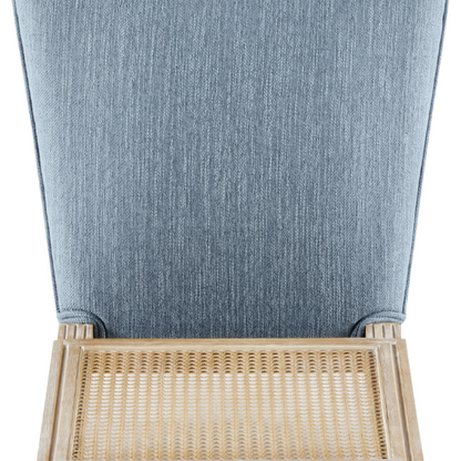 French Country Wood and Cane Upholstered Dining Chairs – Weathered Rubberwood Frame with Fluted Legs & Rectangular Cane Backrest