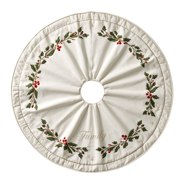 Off-White Christmas Tree Skirt with Embroidered Red Berries & Holly Leaves
