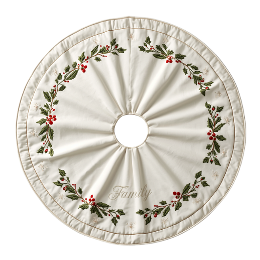 Off-White Christmas Tree Skirt with Embroidered Red Berries & Holly Leaves