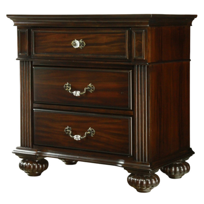 Traditional Walnut 3-Piece Queen Bedroom Set – Elegant Solid Wood Construction with Floral Carved Headboard, Antique Brass Accents, and Ample Storage
