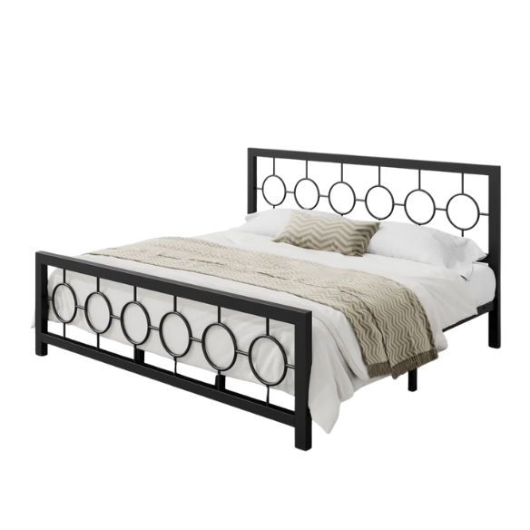 Modern King Size Metal Open-Frame Platform Bed with Art Deco-Inspired Circle Medallion Details – Sleek, Clean-Lined Design with Sturdy Metal Frame and Minimalist Aesthetic