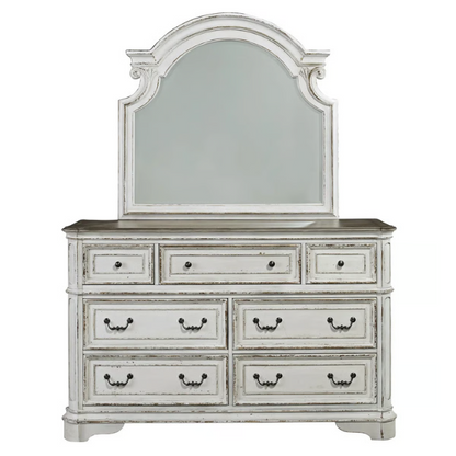 Upholstered Bed, Dresser, Mirror, and Nightstand Set in Antique White – Timeless Elegance, Refined Craftsmanship, and Distinctive Style