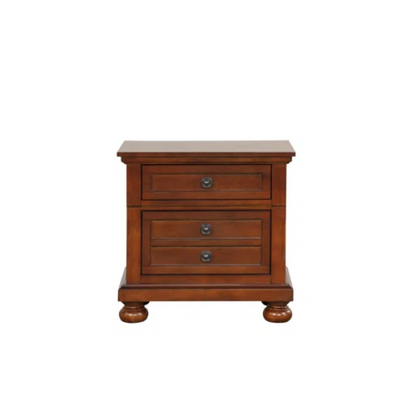 Cherry Brown King Size Platform Bedroom Set with Real Wood Veneers, Full Extension Footboard Storage Drawers, and Matching Large-Scale Dressers, Nightstands, and Mirror