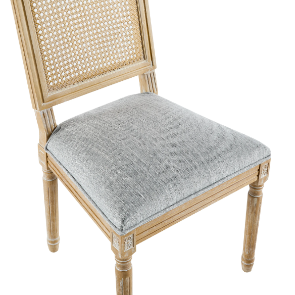 French Country Wood and Cane Upholstered Dining Chairs – Weathered Rubberwood Frame with Fluted Legs & Rectangular Cane Backrest
