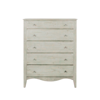 Rustic Charm Meets Chic Elegance: Solid Wood Platform King Size Bedroom Set with Scalloped Edges, Weathered White Wash Finish, Unique Grain Patterns, Angled Feet, and Oil-Rubbed Bronze Drawer Pulls