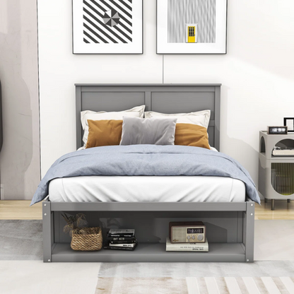 Gray Wooden Full Size Platform Bed with Headboard, 2 Drawers & Built-In Shelf – Stylish Storage & Functional Design