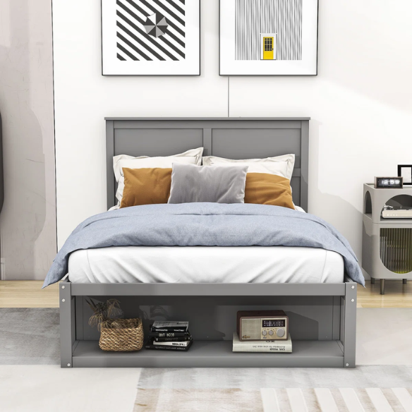 Gray Wooden Full Size Platform Bed with Headboard, 2 Drawers & Built-In Shelf – Stylish Storage & Functional Design