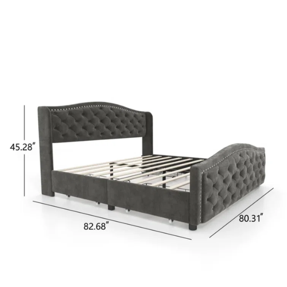 Luxurious King Size Velvet Upholstered Platform Bed with Tufted Camelback Headboard, Nailhead Trim, and 4 Built-In Storage Drawers – Stylish and Functional Bedroom Upgrade