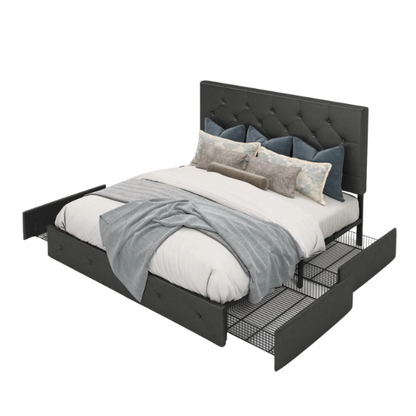 Button Tufted Upholstered Platform Storage Bed – Full Double Size with Spacious Drawers