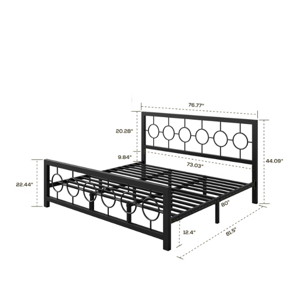 Modern King Size Metal Open-Frame Platform Bed with Art Deco-Inspired Circle Medallion Details – Sleek, Clean-Lined Design with Sturdy Metal Frame and Minimalist Aesthetic