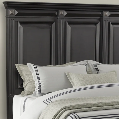 Timeless Vintage Black Wood 6-Piece Traditional Bedroom Set with Double-Panel Bed, Silvertone Accents, and Fluted Pilasters