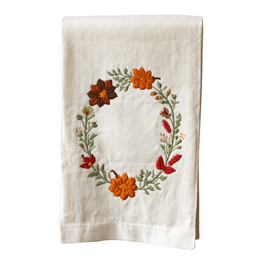 Autumn Wreath Embroidered Cotton Tea Towel – Off-White
