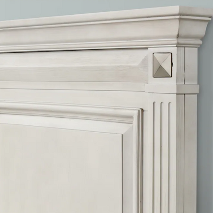 Distressed Parchment Wood Bedroom Set with Panel Bed, Dresser, Mirror, and Nightstand, Featuring Silver Accents and Fluted Pilasters