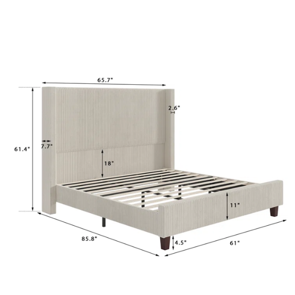 Queen Size Upholstered Wingback Platform Bed in Ribbed Corduroy Fabric