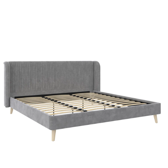 King Size Upholstered Wingback Platform Bed – Luxe Velvet Headboard with Vertical Tufting, Mid-Century Modern Design, and Space-Saving Wooden Frame