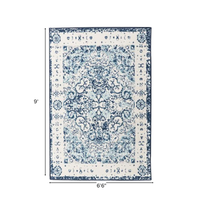 Distressed Oriental-Inspired Indoor Rug – Blue and White Medallion Pattern, Stain-Resistant, Fade-Resistant, Perfect for Traditional & French Country Décor