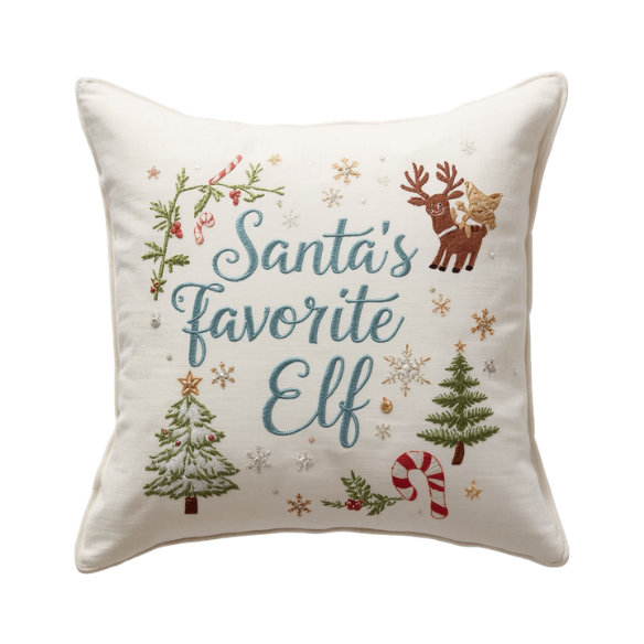 Off-White Pillow with Whimsical Blue Embroidered Text 