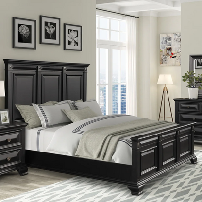 4-Piece Vintage Black Wood Panel Bedroom Set with Distressed Parchment Finish – Traditional Elegance with Silver Accents, Beveled Drawer Fronts, and Brass Rosette Knob Hardware