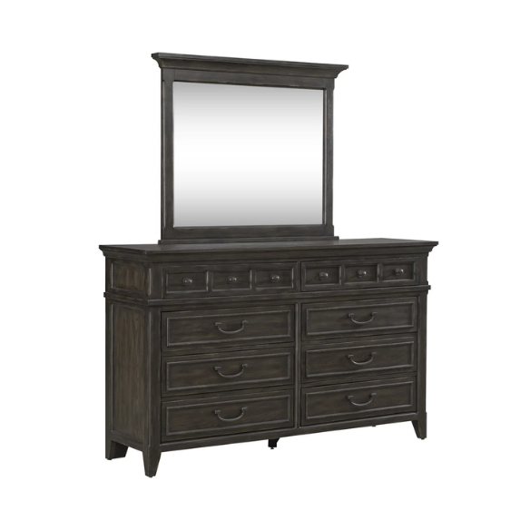 Timeless Queen Bedroom Set with Saddle Brown Panel Bed, Dresser, Mirror, and Antique Pewter Hardware