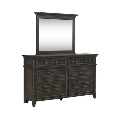 Timeless Queen Bedroom Set with Saddle Brown Panel Bed, Dresser, Mirror, and Antique Pewter Hardware