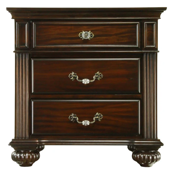 Elegant Traditional 4-Piece Walnut Wood Poster Bedroom Set with Floral Carved Headboard and Fluted Detailing